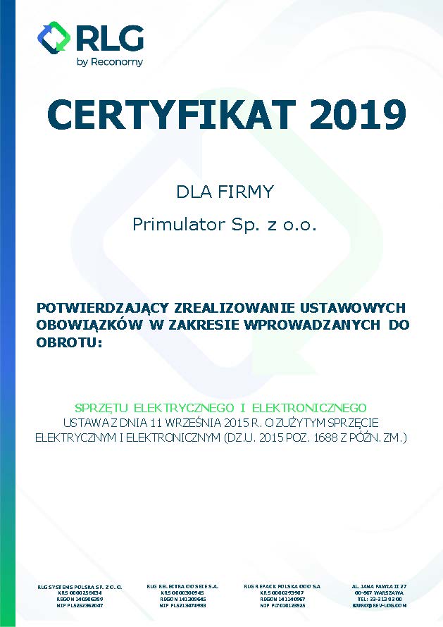 Utlizacja ekologia urządzenia elektroniczne Primulator certyfikat 2019