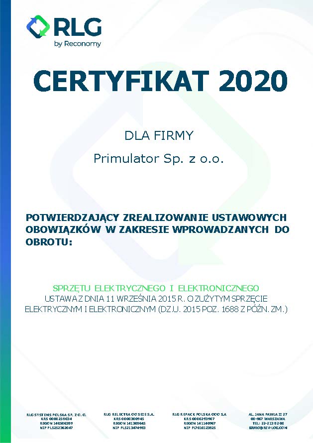 Utlizacja ekologia urządzenia elektroniczne Primulator certyfikat 2020