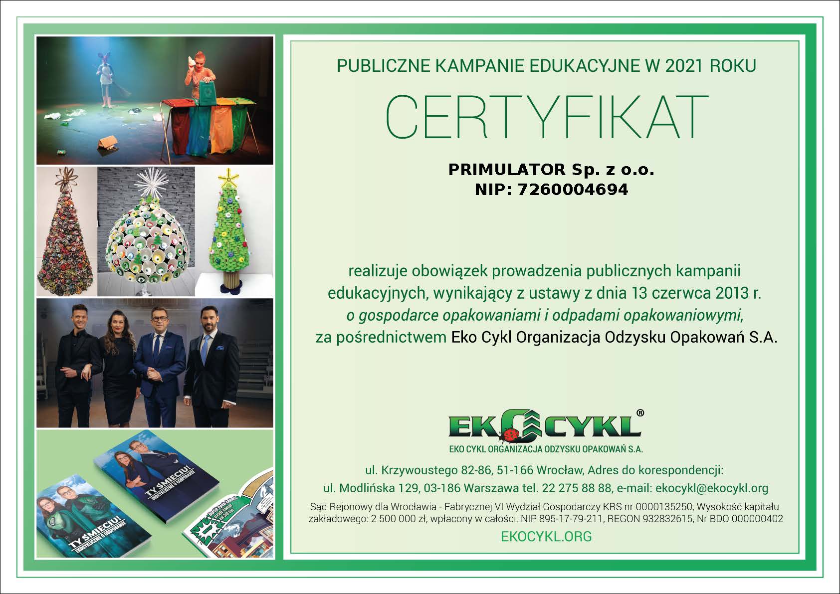Polityka ekologiczna Primulator Ekocykl certyfikat 2021