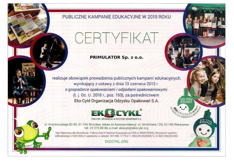 Polityka ekologiczna Primulator Ekocykl certyfikat 2019
